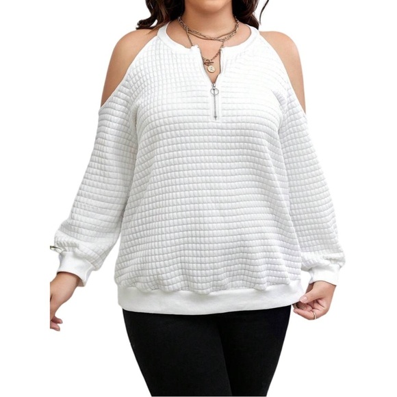 Plus Size Half Zip V-Neck White Cold Shoulder Waffle Knit Sweater Sweatshirt - Picture 10 of 11